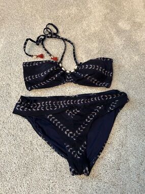 Robin Piccone Navy Bikini with Sheer Chevron Pattern and Tassel Ties